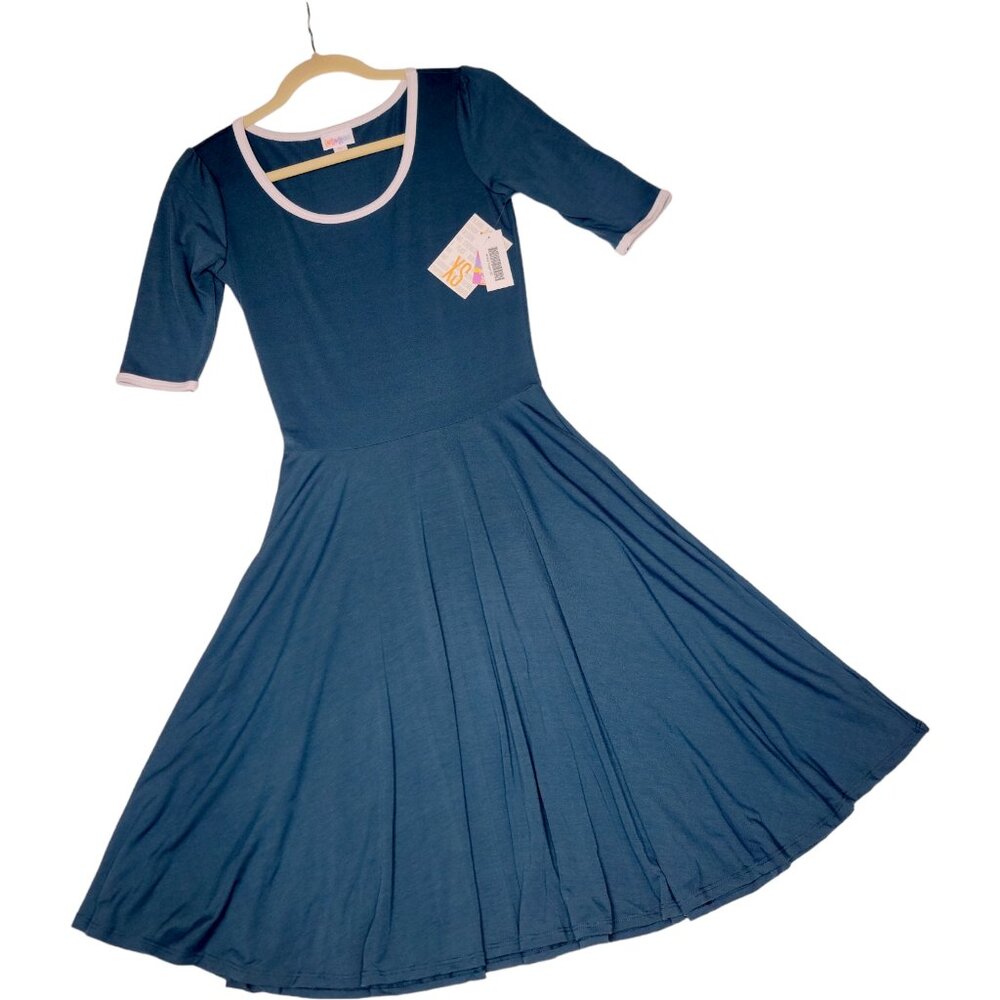 LuLaRoe Nicole Dress XS Solid Ringer Navy Blue White Skater Fit & Flare
